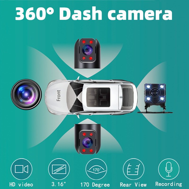 4-Lens 4-Channel High-Definition 1080P Car Dash Cam with Night Vision, Reversing Camera, Cardvr Parking Monitoring, Wifi