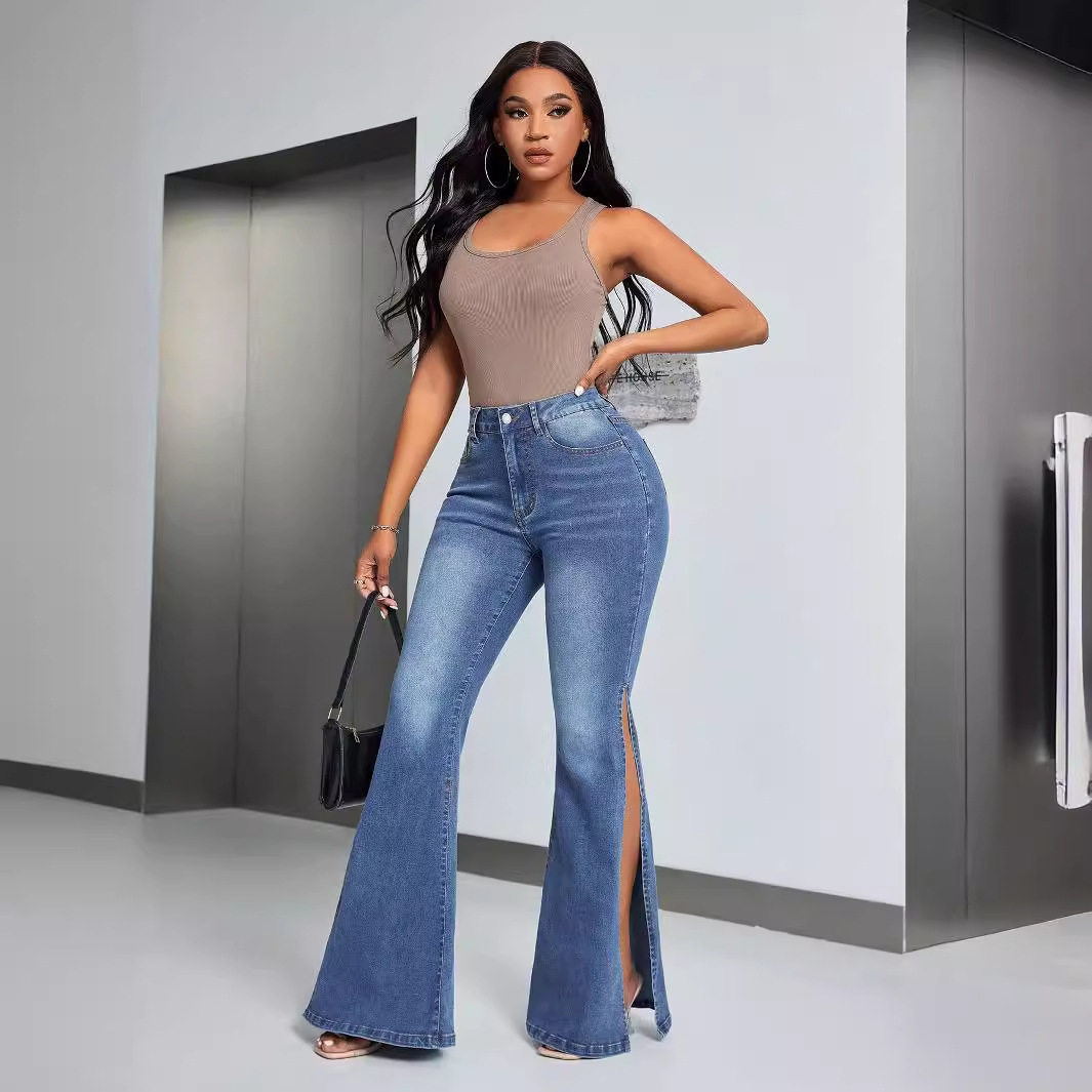 High Waisted Flared Jeans Slim Fit Split Hem Stretch Denim Casual Wear for Women Wholesale Available