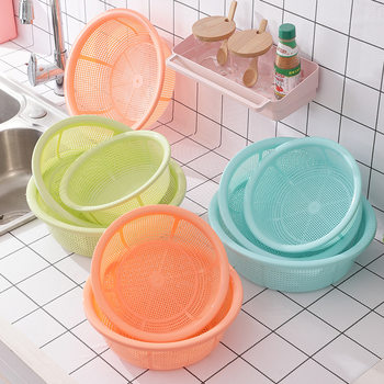 Hollow draining basket three-piece set household thickened vegetable washing basket kitchen rice washing sieve rice washing basin fruit and vegetable draining basin wholesale