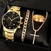 Men's 4-piece Luxury Stainless Steel Quartz Watch with Calendar Gold Cross Necklace Bracelet and Ring