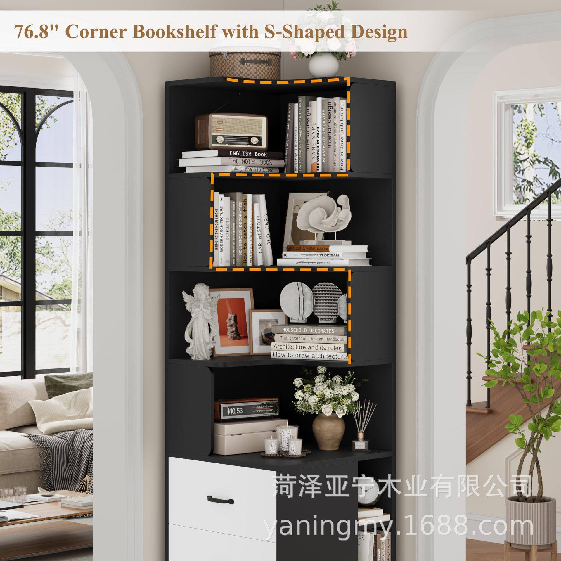 木制角落书架家用木制书柜卧室角落书籍收纳架木制储物柜板式柜子