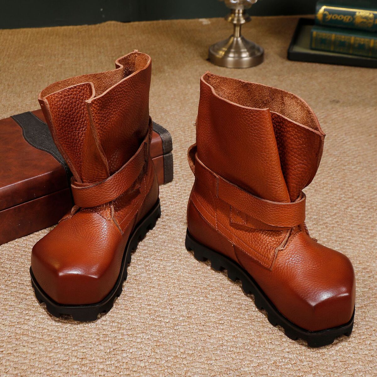 Boot nữ cổ ngắn da bò thật phong cách cổ điển — đen, màu nâu