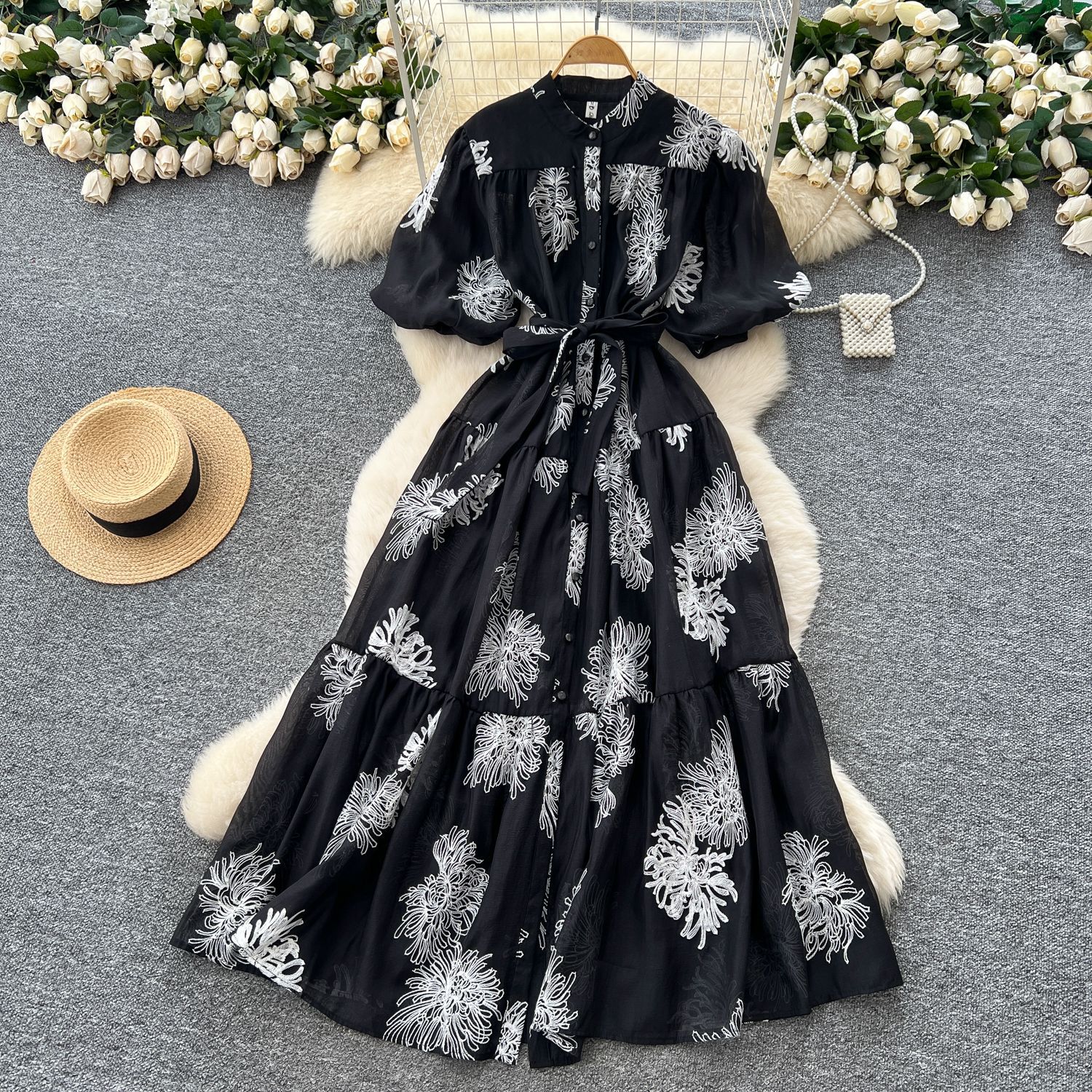Embroidered Puff Sleeve Maxi Dress for Women Summer Fashion Elegant Fit and Flare Available in Multiple Colors and Sizes