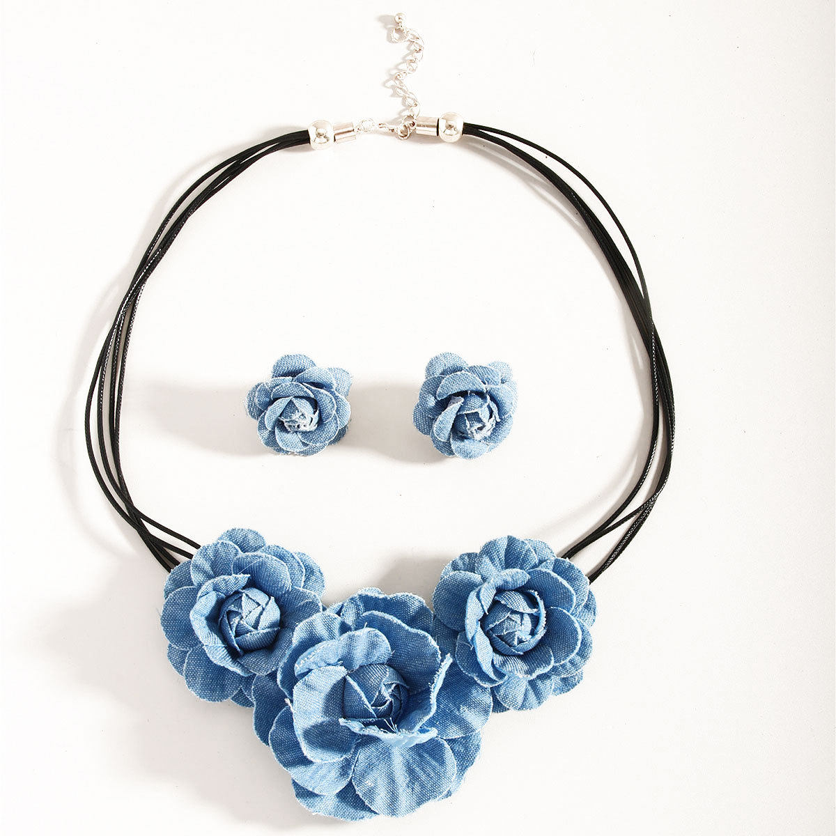 Cross-border Explosions Blue Retro Denim Multi-layer Rose Collar suit Fashion High-end Flower Earrings Necklace