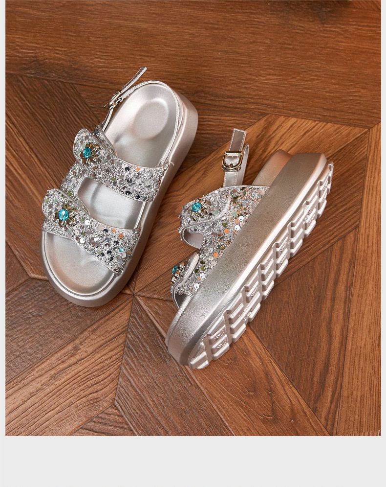Sandal nữ quai chữ V đế dày chống trượt phong cách thành thị — Đen, Bạc chi tiết 16
