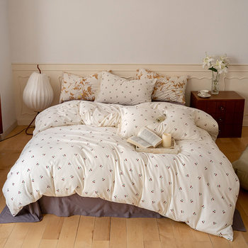 [Multiple Colors Available] New Super Soft Pure Cotton Knitted Jersey Cotton Printed Four-Piece Bed Bed Sheets Set for Sleeping Naked