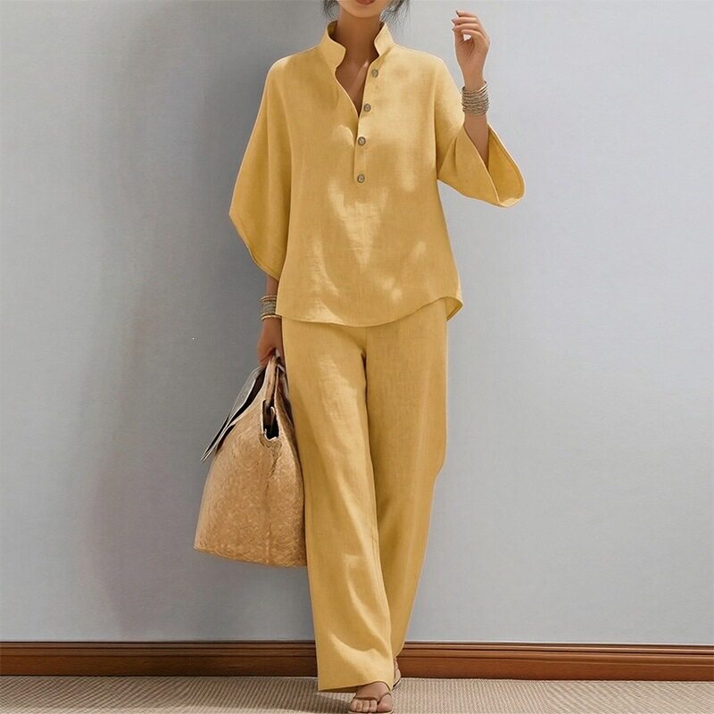 Womens Spring Fashion Set Casual Solid Color Button Down Collar Straight Leg Pants Perfect for Everyday Wear