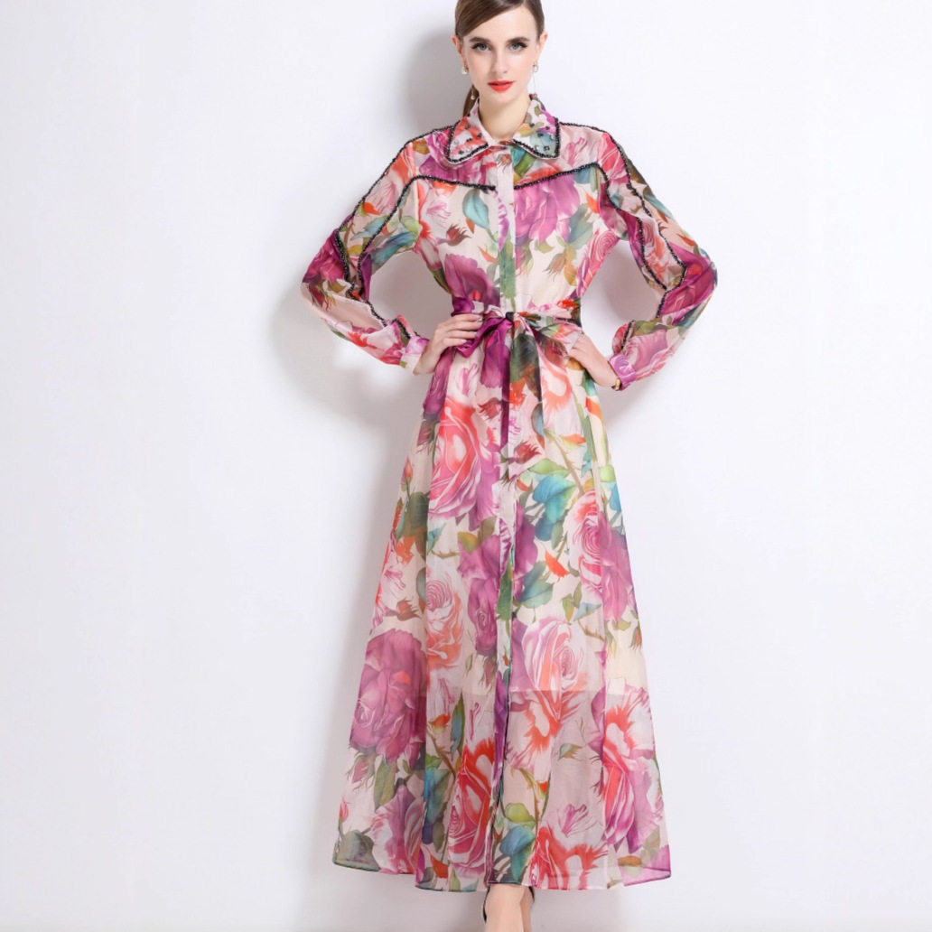 French Style High End Embellished Long Sleeve Printed Dress Elegant Fit Waist Tie Button Closure Autumn Fashion