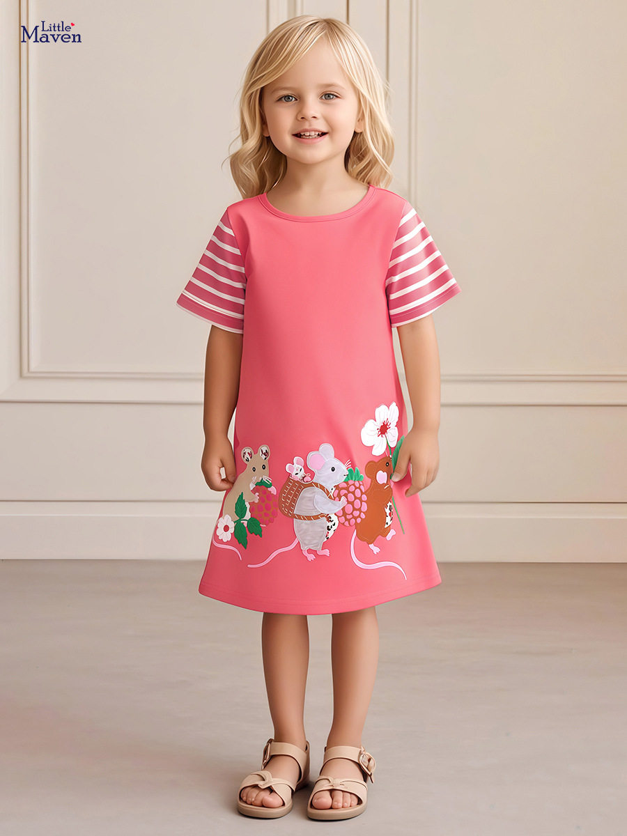 Girls' Cartoon Short-Sleeve Dress, Summer Cotton Kids' Dress