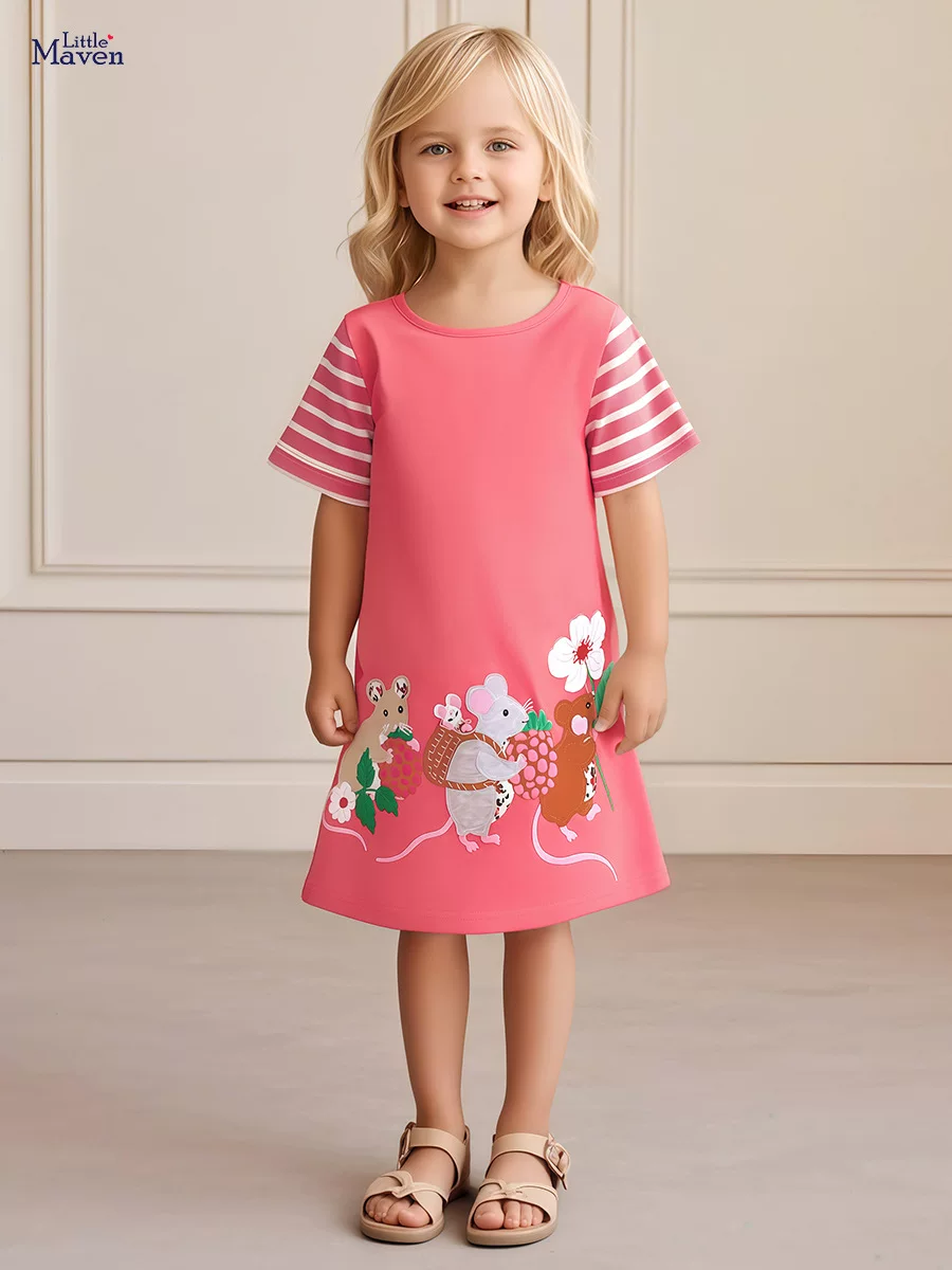 Girls' Cartoon Short-Sleeve Dress, Summer Cotton Kids' Dress