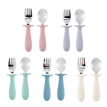 Cross mirror in stock children's 304 stainless steel fork spoon silicone long handle infant feeding tableware suit