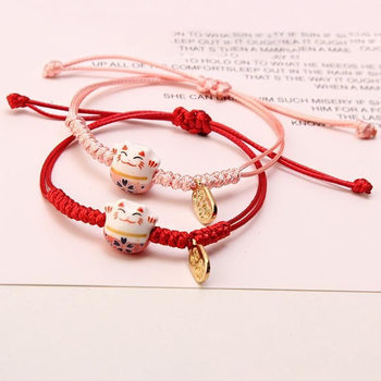 Hand-Woven Wax Thread Ceramic Lucky Cat Bracelet Cross-Border New Cute Cat Adjustable Hand Rope Bracelet