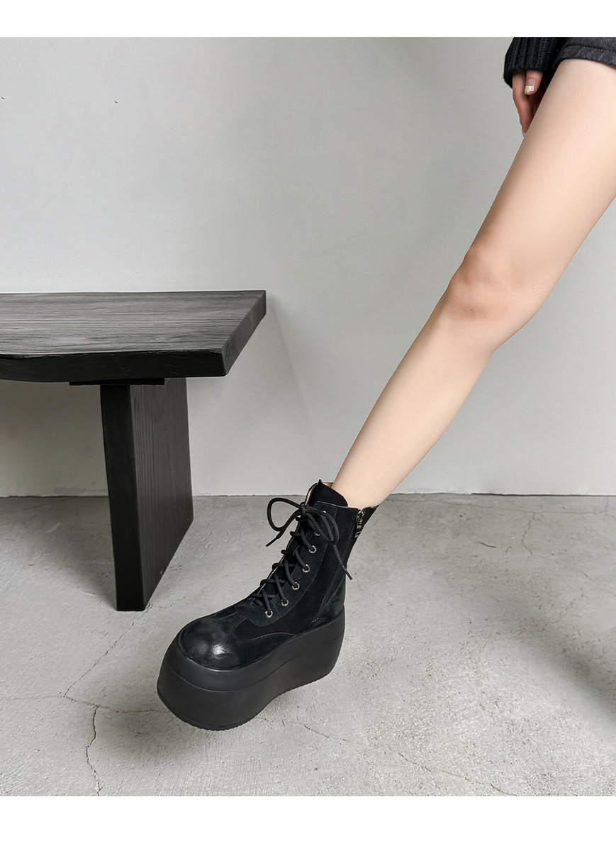 Boot Martin nữ đế dày 8.5cm cổ ngắn dây buộc phối màu da lộn — Lớp lót đơn màu be, Lớp lót đơn màu đen, Lót nhung đen, Lót nhung màu be
