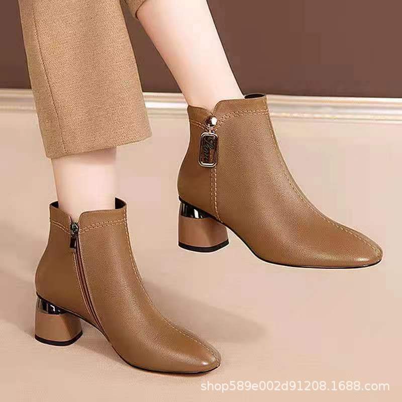 Boot Martin nữ cổ ngắn mũi vuông gót vừa khóa kéo bên — Đường viền đơn màu đen, Lớp lót nhung đen, Lớp lót nhung màu kaki, Màu kaki, một lớp lót.
