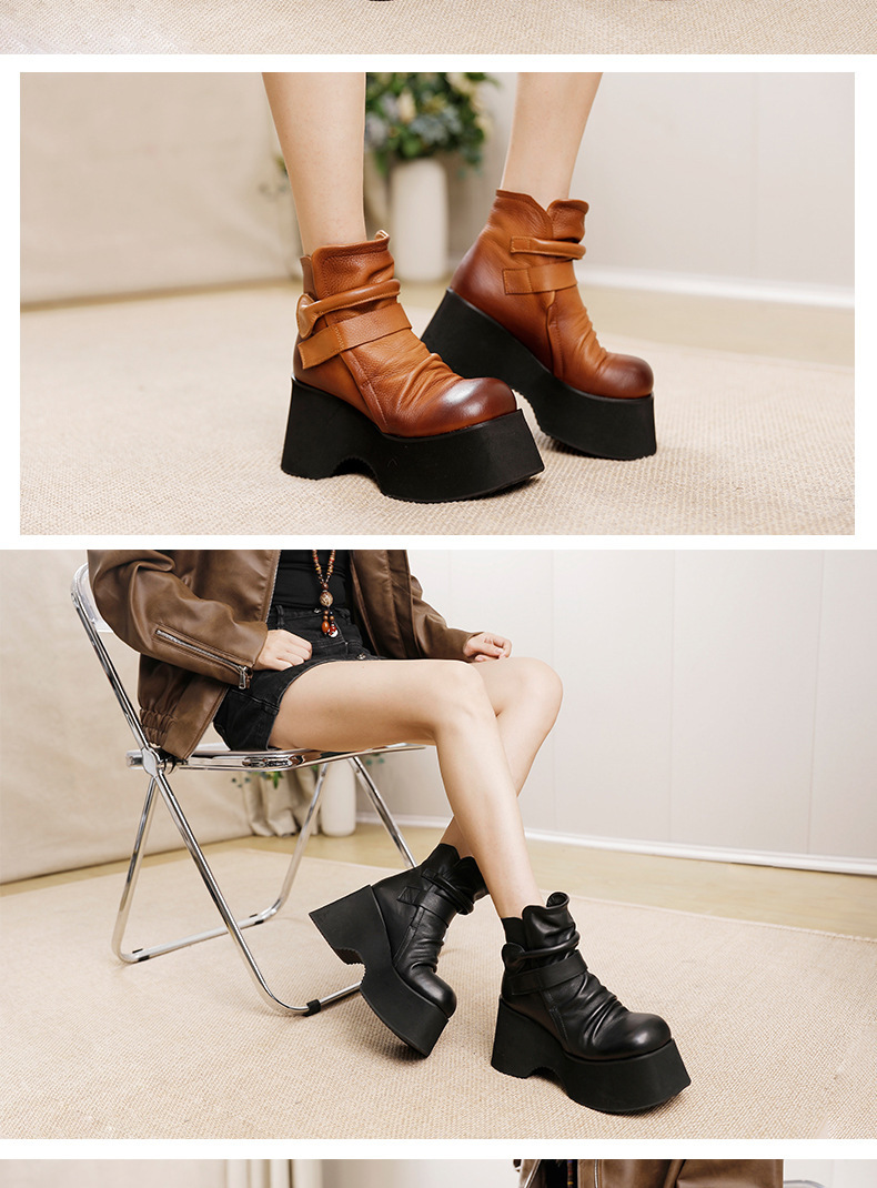 Boot nữ da thật đế dày 10cm gót xuôi mũi tròn dán quai — Màu đen, Màu đen lót nhung, Màu nâu, Màu nâu lót nhung