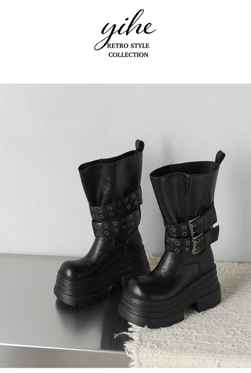 Boot nữ cổ trung đế xuồng cao 10cm khóa thắt lưng da bò — Lớp lót nhung đen, Màu đen một lớp