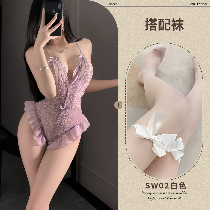 浪漫紫-情趣内衣性感蕾丝镂空连体衣女开裆激情免脱套装睡衣诱惑