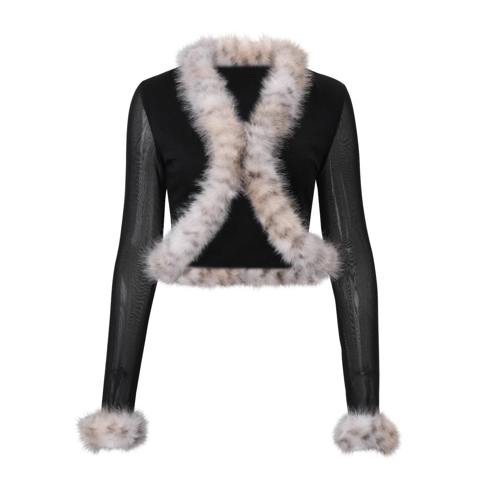 Fashionable Womens Cardigan Long Sleeve Sheer Mesh Cropped Design with Fur Collar Autumn Winter Collection