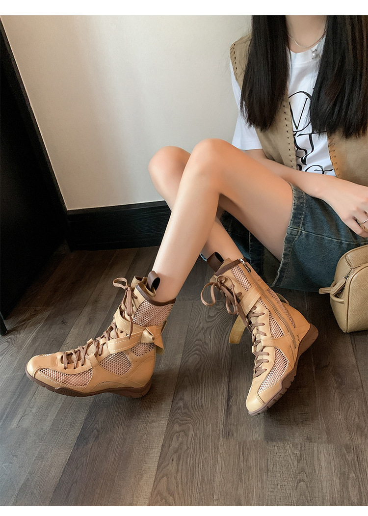 Boot nữ dây buộc phong cách boxing, đế dày, cổ thấp, khóa kéo bên hông — màu đen, Màu lạc đà, Màu nâu