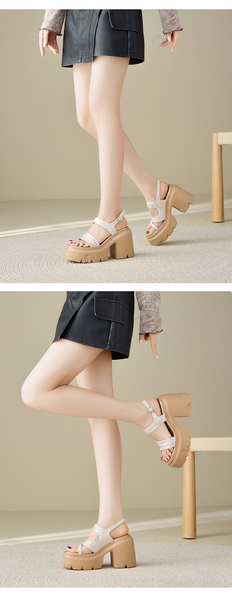 Sandal cao gót nữ hở mũi đế platform 12 cm, quai ngang đính đá — Xám, Áo khoác sáng, Bạc chi tiết 5