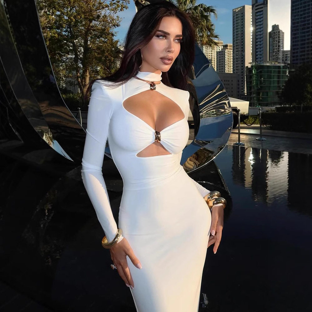 Elegant Hollow Design Long Sleeve Bodycon Dress High Quality Fabric Solid Color Slim Fit Perfect for Formal Events