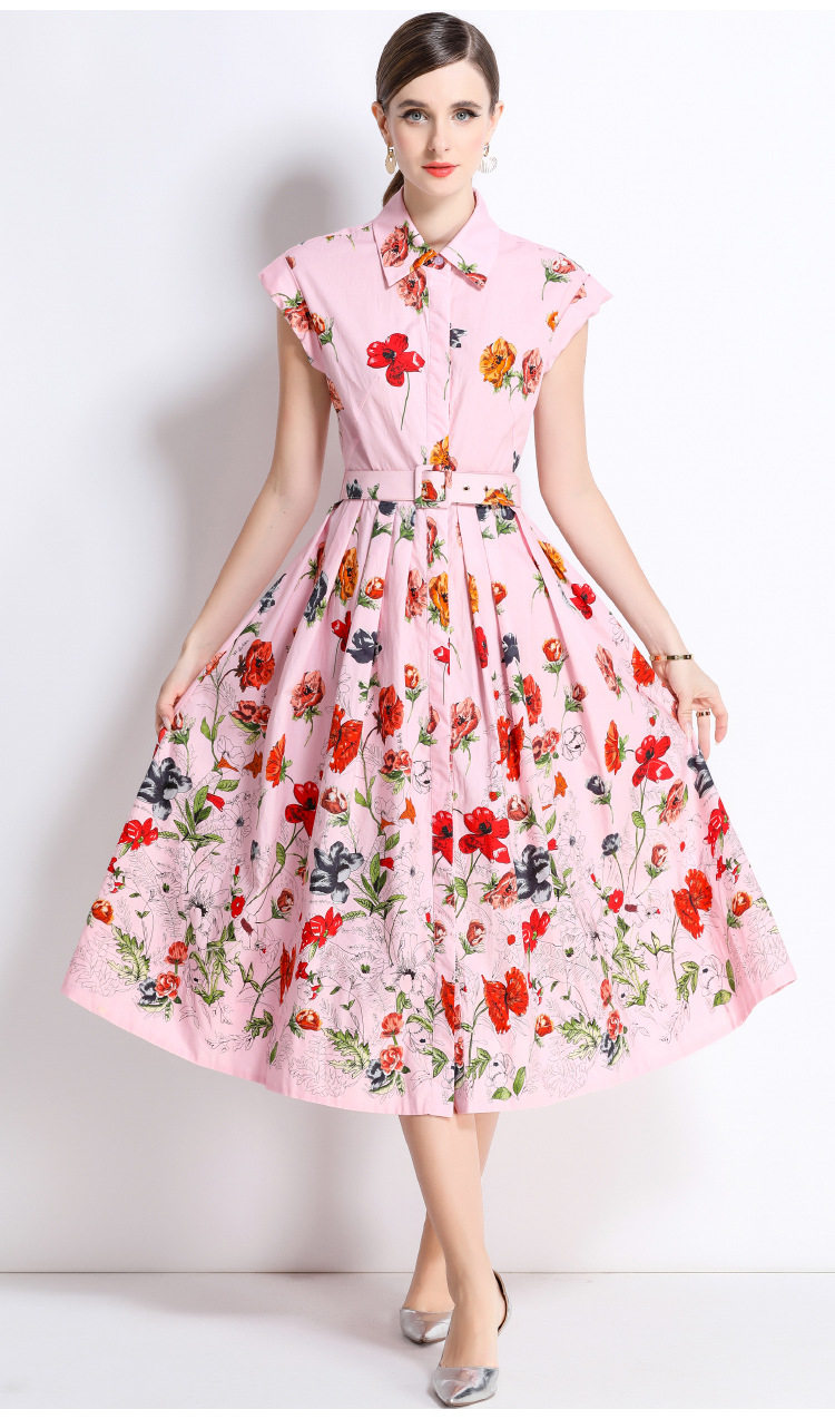 French Style Short Sleeve Polo Dress Waist Defining Flowy A Line Floral Print Summer Elegance for Women Wholesale