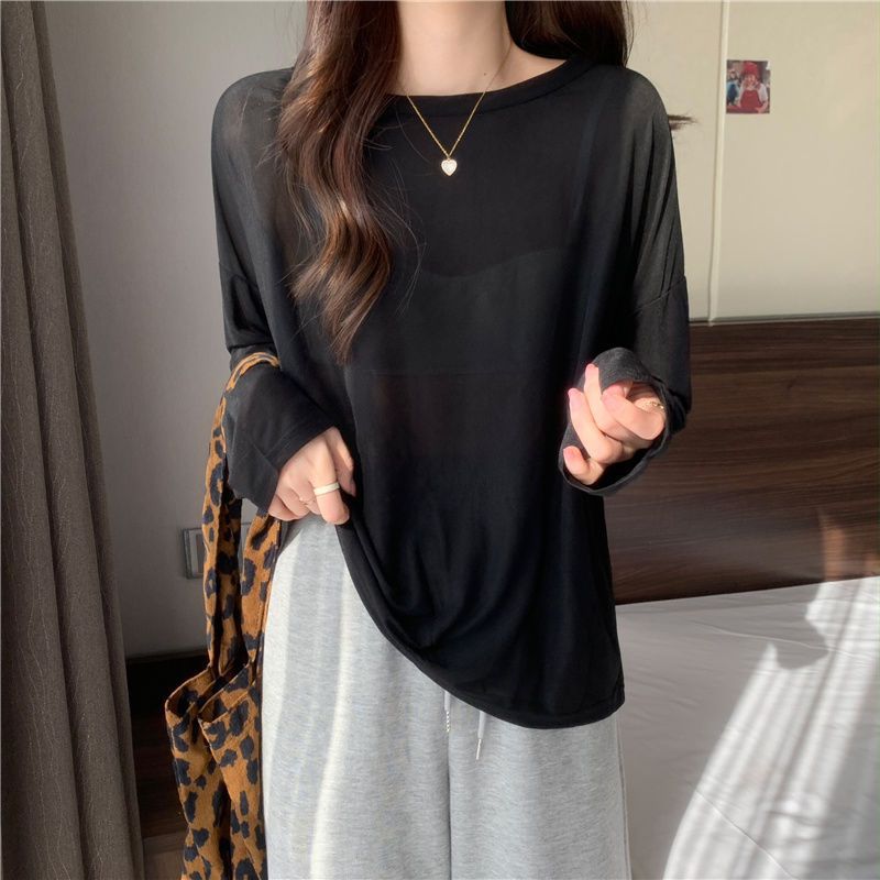 Womens Loose Fit Long Sleeve T Shirt Ice Silk Sun Protection Round Neck Versatile Style Summer Layering Top
