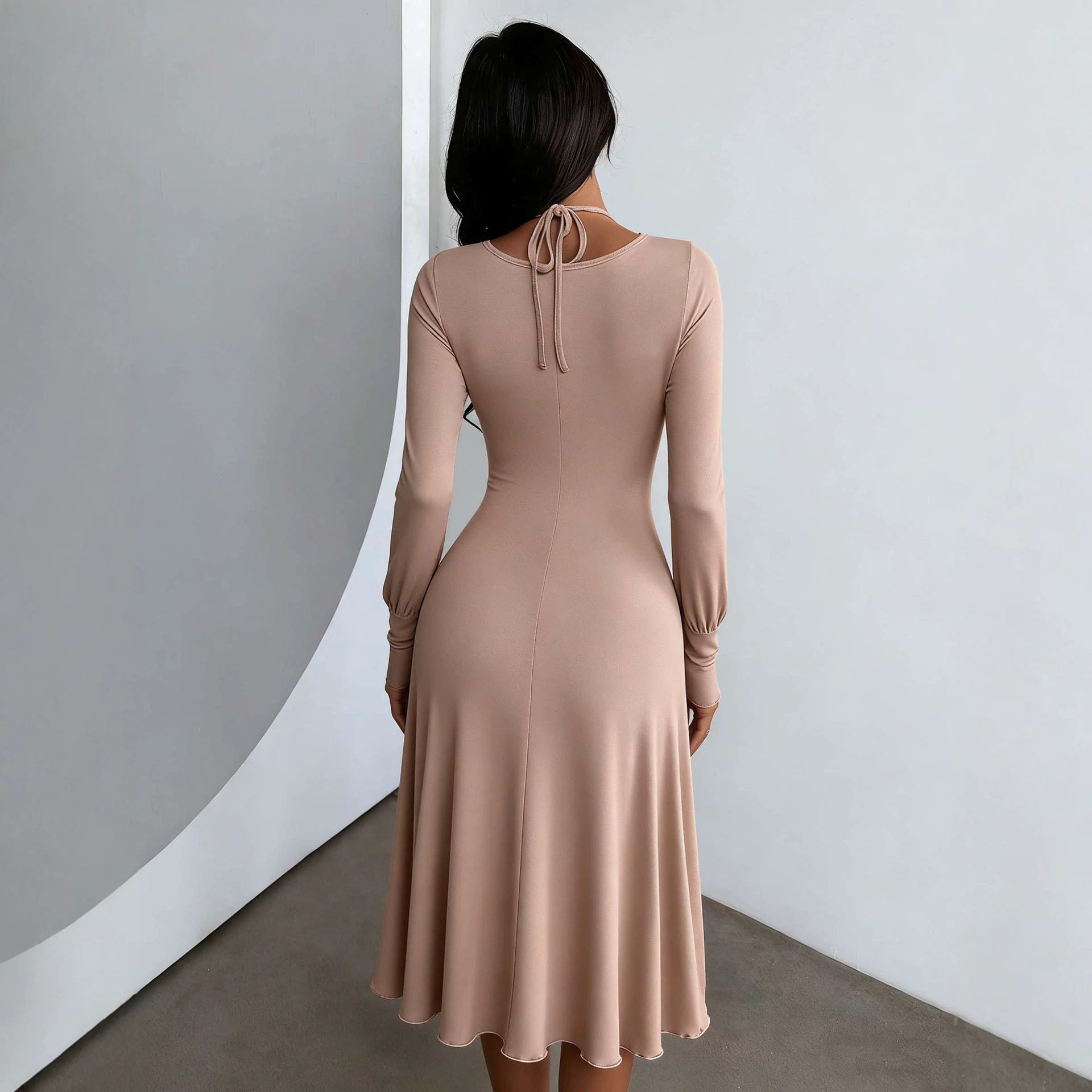 Cross Back A Line Dress Flattering Waist Design Ruffled Hem Elegant Style Perfect for Work or Casual Occasions