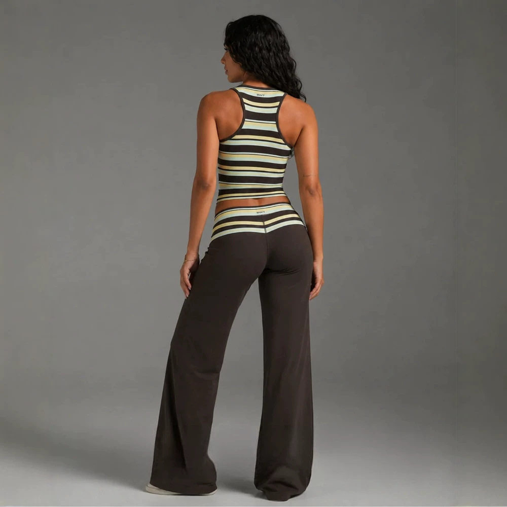Sleeveless U Neck Striped Top and Long Pants Set Slim Fit Casual Style Summer Wear Wholesale Available