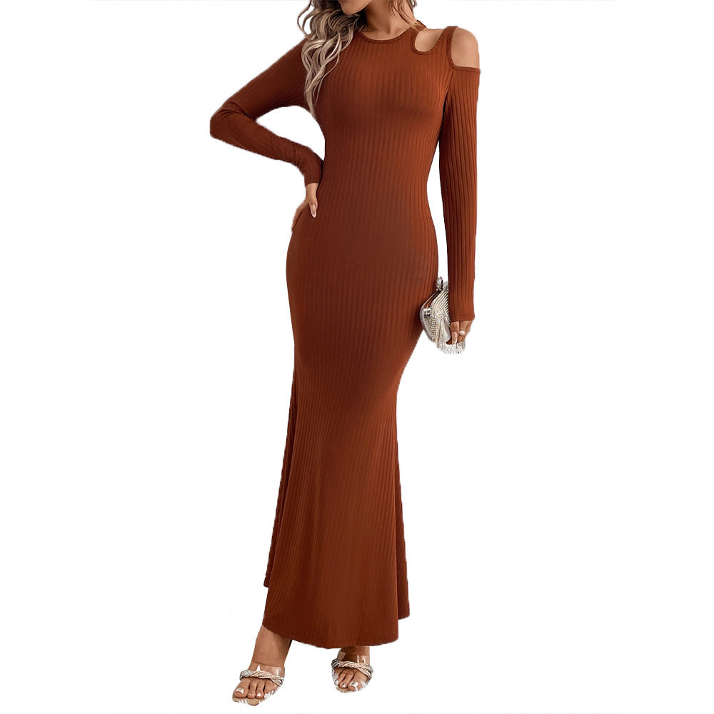 Fashionable Bodycon Long Dress Milk Silk Fabric Hollow Shoulder Design Slim Fit Elegant Style Perfect for Parties