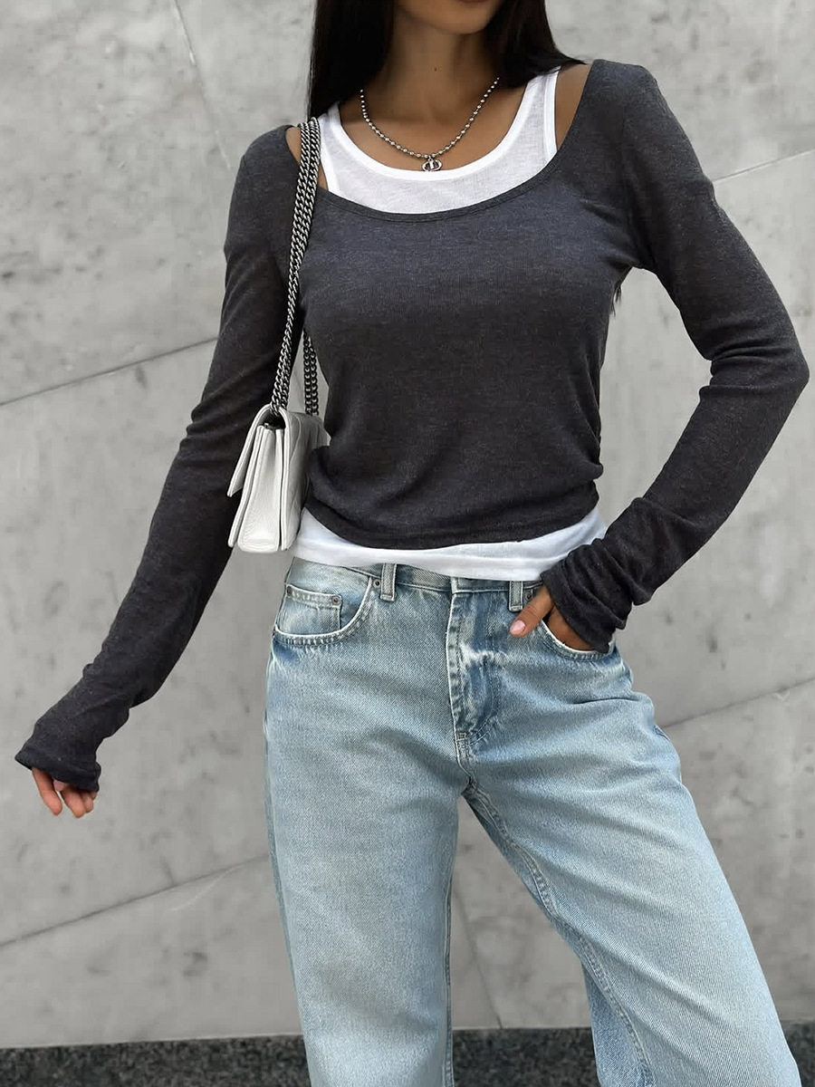 Retro Color Block Long Sleeve T Shirt for Women Slim Fit Modal Fabric Layered Design Spring and Autumn Wear