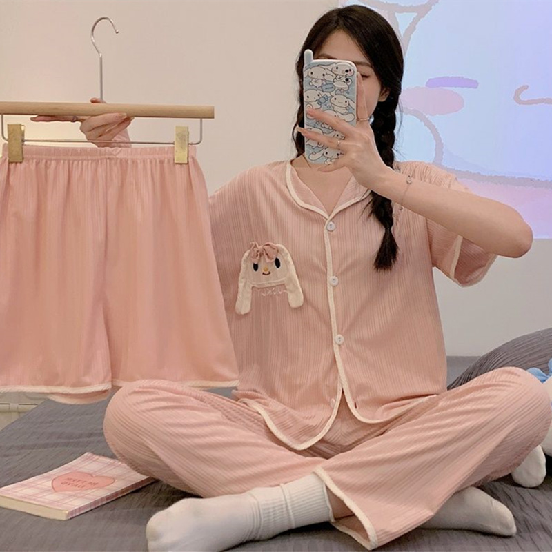 跨境睡衣女夏季短袖短裤玉桂狗刺绣蝴蝶结可爱少女宽松家居服套装