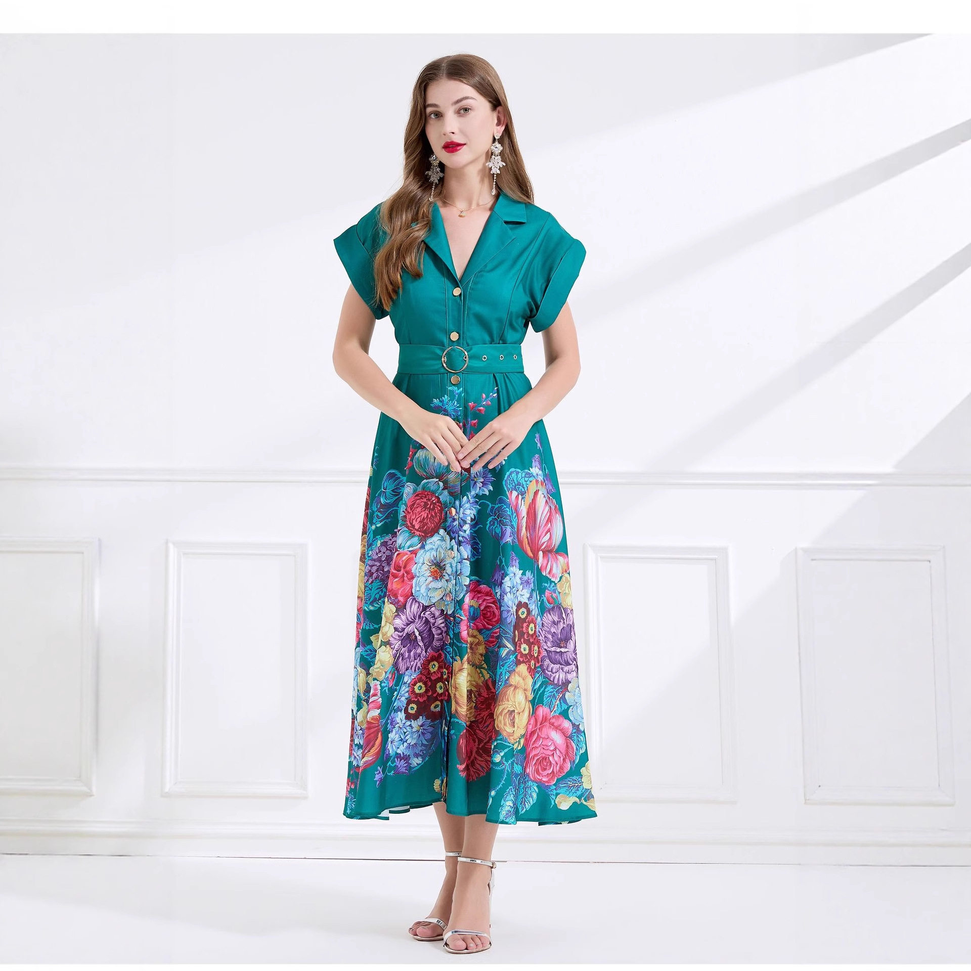 Sleeveless Printed Maxi Dress Elegant Design Suit Collar Flowy Hem Summer Fashion for Women Wholesale Available