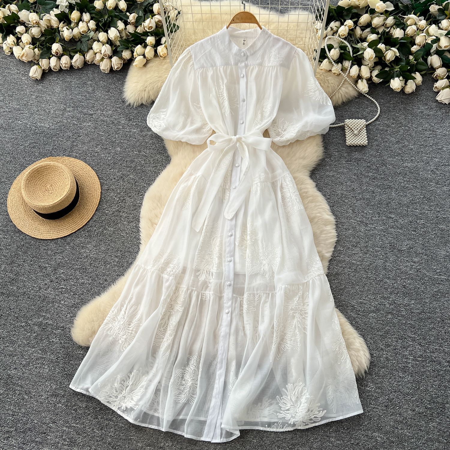 Embroidered Puff Sleeve Maxi Dress for Women Summer Fashion Elegant Fit and Flare Available in Multiple Colors and Sizes