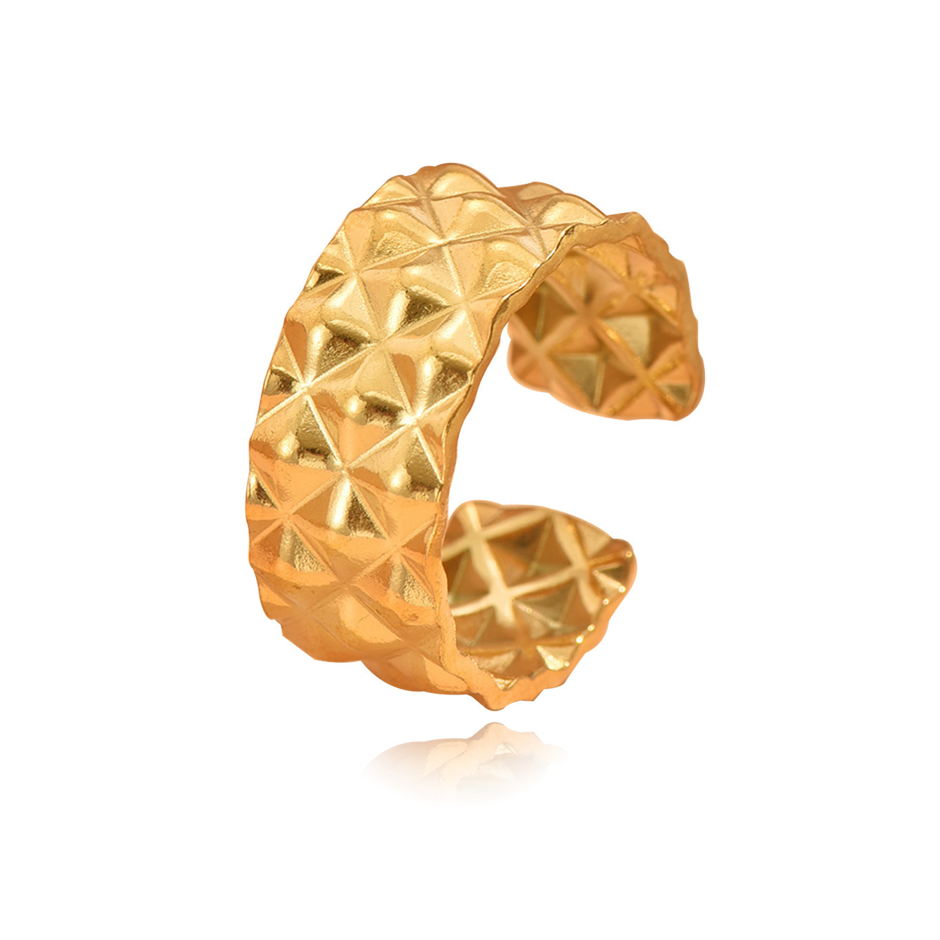 跨境复古经典菱格纹理设计不锈钢开口戒指轻奢镀金不掉色手饰现货