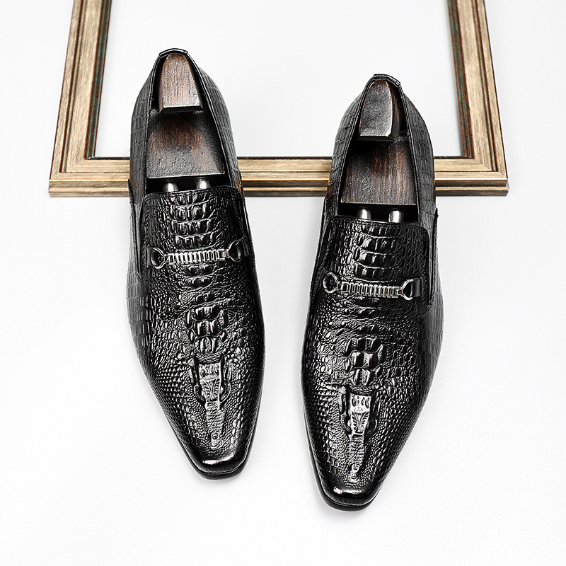 Giày lười nam mũi nhọn da bò thật dập nổi, giày slip-on công sở — Màu đen, Màu đỏ rượu