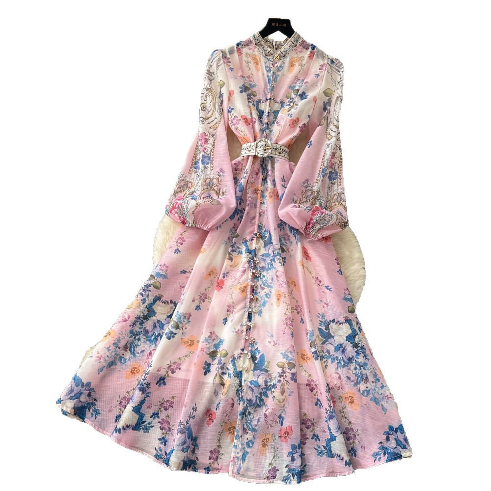 Floral A Line Dress Long Sleeve Waist Tie Slim Fit Elegant Spring Office Wear Wholesale Available