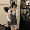 College Style V Neck Sleeveless Slim Knitted Vest Dress Short Skirt White Shirt Women's Spring & Fall Age-Reducing Two-Piece Suit