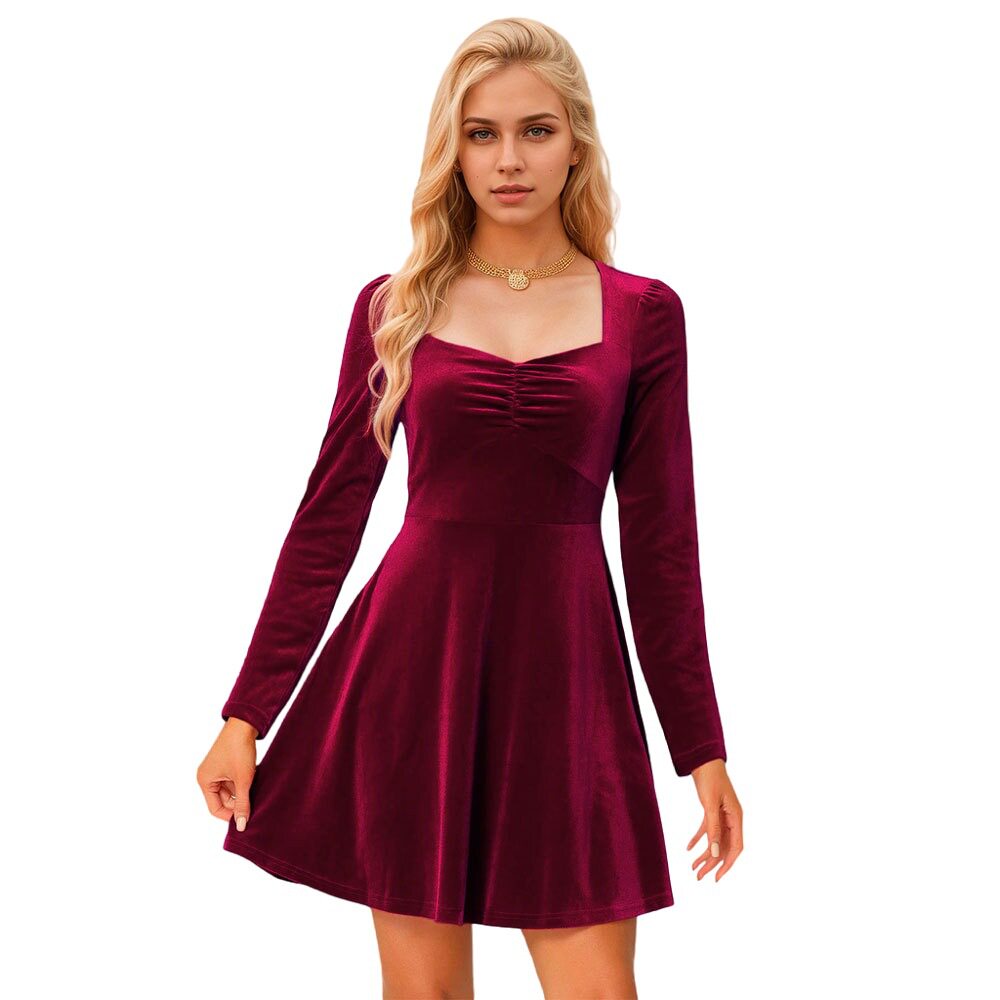 Elegant Burgundy Velvet Dress Slim Fit Short Length Spring Summer Style Wholesale Available custom packaging