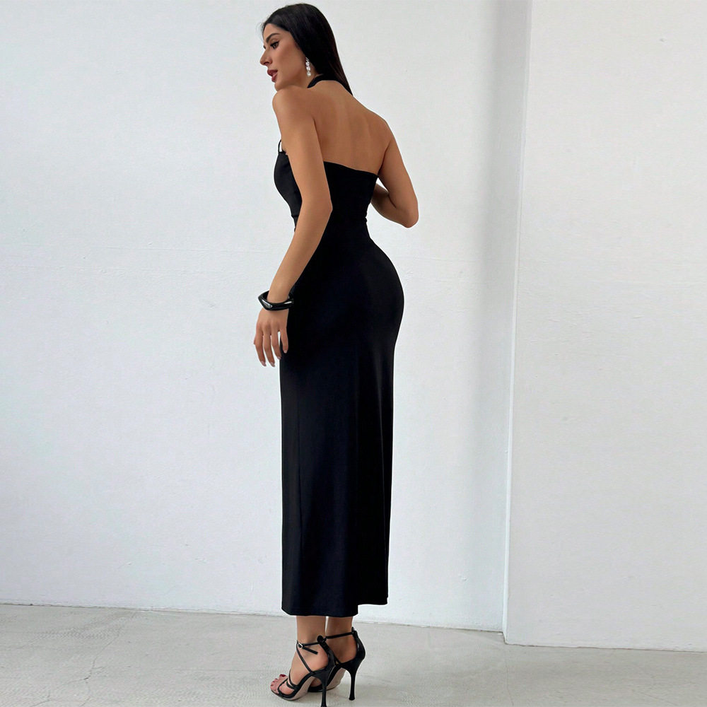 Summer High Waist Bodycon Maxi Dress Backless Halter Neck Solid Color Knitted Fabric Casual or Evening Wear