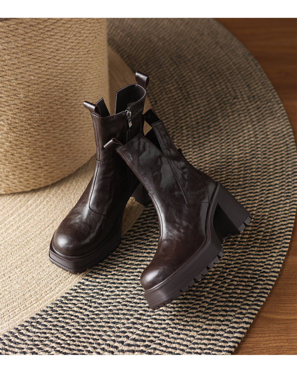 Boot Chelsea nữ gót cao đế dày mũi vuông lót lông cổ V — Lớp lót đơn màu đen, Lớp lót đơn màu nâu