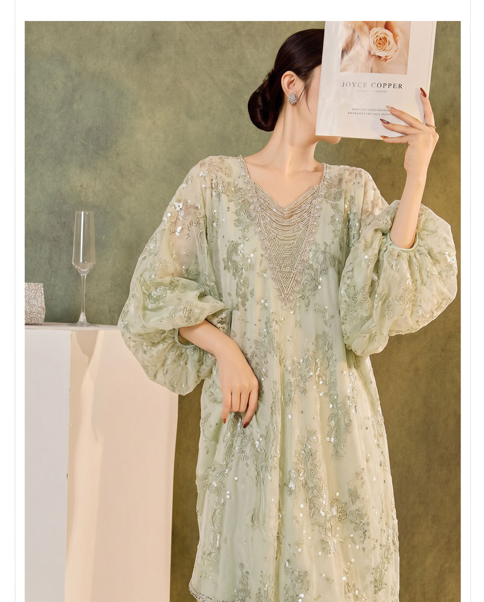 Đầm maxi nữ họa tiết hoa tay bồng cổ tròn phong cách retro — Xanh lục (giao hàng trong 7 ngày), Xanh lục (giao hàng trong ngày)