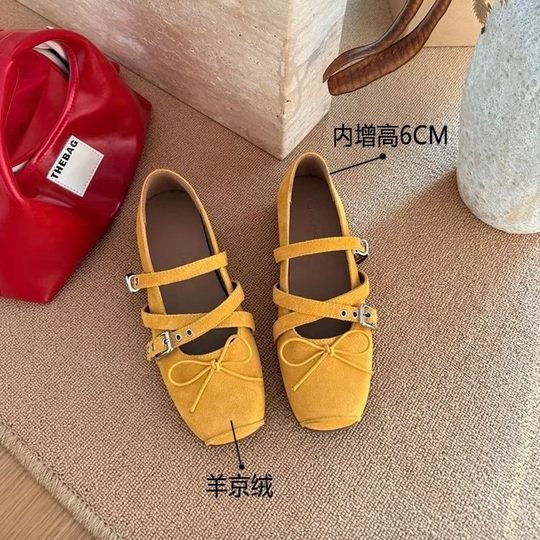羊皮版6cm内增高方头蝴蝶结皮带扣浅口玛丽珍单鞋女软底芭蕾舞鞋