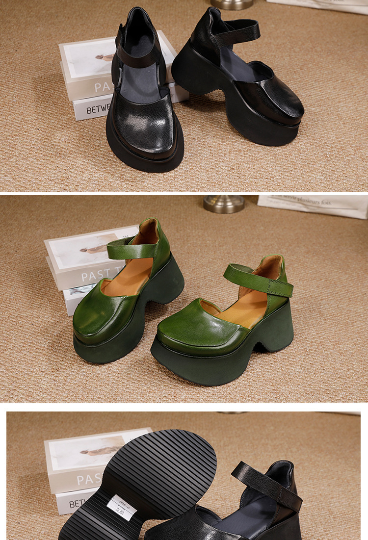 Sandal nữ da bò thật đế dày quai ngang mũi tròn phong cách cổ điển — màu đen, Xanh lá cây