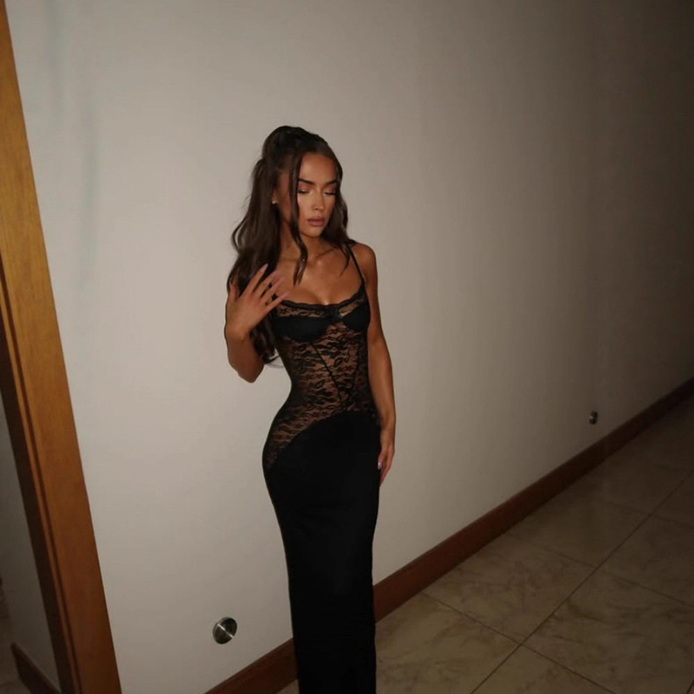 Sexy Lace Trimmed Maxi Dress Spaghetti Straps Flowy Silhouette Elegant Design Perfect for Summer Events Wholesale