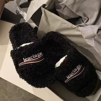 Ba* Home Fur Slippers for Women 2023 Lamb Wool Thick-Soled Open-Toe Slippers Casual Home Non-Slip Paris Fur Slippers