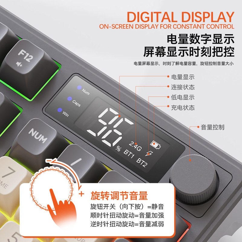 Free Wolf M96 Dual-Mode Bluetooth Wireless Keyboard Rechargeable Silent Notebook Mac Pbt Ball Cap with Screen