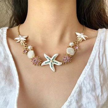 Hawaiian style exaggerated color starfish shell pearl bracelet alloy holiday trend clavicle chain pendant accessories