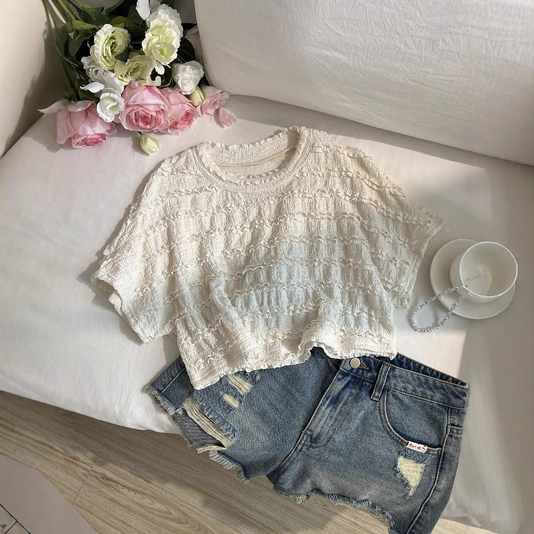 Lace Crochet Loose Fit T Shirt Round Neck Short Sleeve Elegant Design Casual Wear for Women Ready to Ship