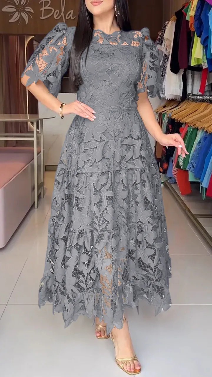 Summer Womens Lace Dress Elegant Hollow Design Round Neck Short Sleeve Perfect for Parties and Events Wholesale